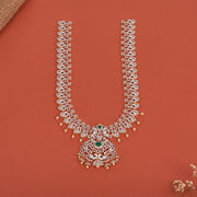 Silver CZ-Studded Long Haaram with Paisley Design and Pearls