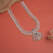 Silver CZ-Studded Long Haaram with Paisley Design and Pearls