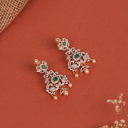 Pearl and CZ Combination Silver Earrings with Emeralds
