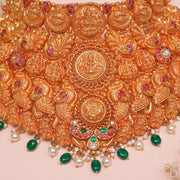 Broad Temple Silver Choker with Lakshmi Devi and Peacock Design