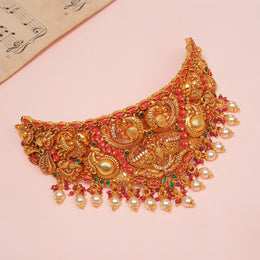 Silver Temple Choker with Bird Detailing, Corals, and Pearl Hangings