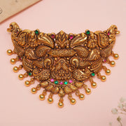 Silver Broad Antique Choker with Lakshmi Devi and Leaf Detailing