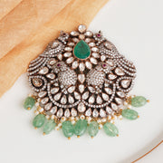 Silver Peacock and Elephant Pendant with Kundans, Emerald, and CZs