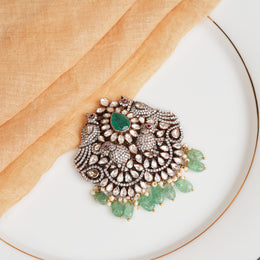 Silver Peacock and Elephant Pendant with Kundans, Emerald, and CZs