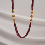Red Beaded Haaram with Antique Silver Lotus Highlights