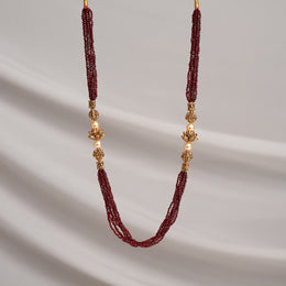 Red Beaded Haaram with Antique Silver Lotus Highlights
