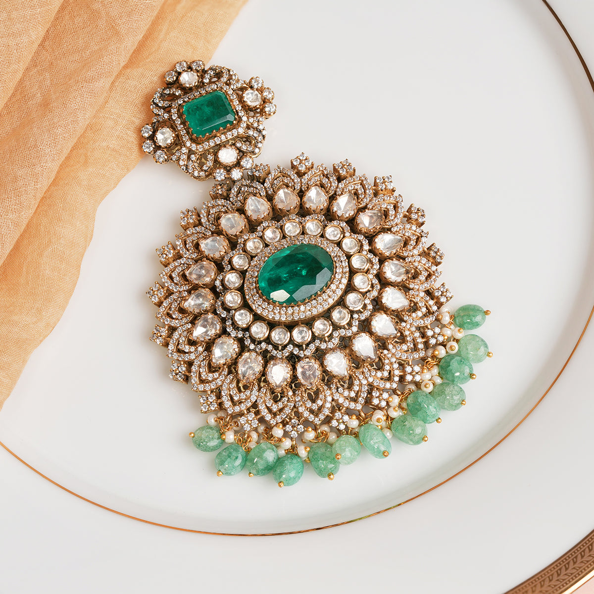 Heavy Stone-Studded Silver Pendant with Emerald Highlights – Padmam