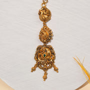 Antique Silver Maang Tikka with Peacock Detailing and Ruby Potas