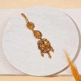 Antique Silver Maang Tikka with Peacock Detailing and Ruby Potas