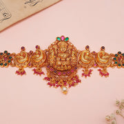 Temple Silver Lakshmi Bhaajubandh with Ruby and Emerald Potas