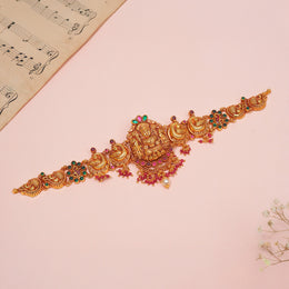 Temple Silver Lakshmi Bhaajubandh with Ruby and Emerald Potas