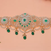 Silver Floral Vaddanam with CZs and Emeralds