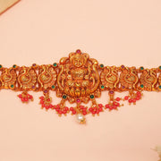 Temple Silver Lakshmi Bhaajubandh with Rubies, Emeralds, and Coral Beads