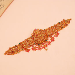 Temple Silver Lakshmi Bhaajubandh with Rubies, Emeralds, and Coral Beads