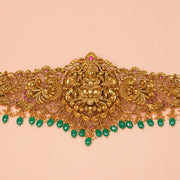 Peacock and Floral Silver Vaddanam and Emerald Bead Hangings