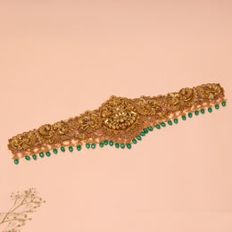 Peacock and Floral Silver Vaddanam and Emerald Bead Hangings