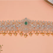 Silver Peacock Detailing Vaddanam with CZs and Pearl Hangings