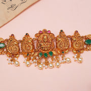 Silver Temple Lakshmi Devi Bhaajubandh with Pearl Hangings and Stone Work