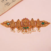 Silver Temple Lakshmi Devi Bhaajubandh with Pearl Hangings and Stone Work