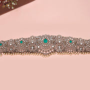 Emerald and CZ Silver Vaddanam with Floral Work and Pearls