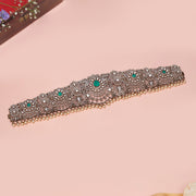 Emerald and CZ Silver Vaddanam with Floral Work and Pearls