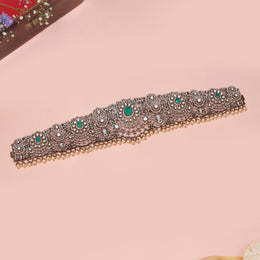 Emerald and CZ Silver Vaddanam with Floral Work and Pearls