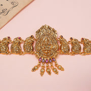 Silver Semi Antique Bhaajubandh with Floral Detailing and Lakshmi Highlight
