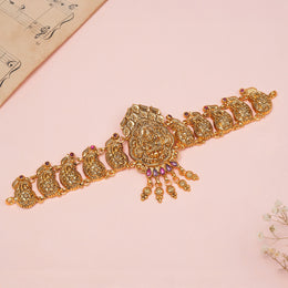 Silver Semi Antique Bhaajubandh with Floral Detailing and Lakshmi Highlight