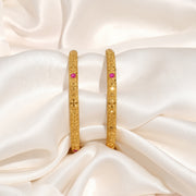 Minimal Silver Bangles with Fine Patterned Engravings & Red Stone Highlights