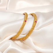 Minimal Silver Bangles with Fine Patterned Engravings & Red Stone Highlights