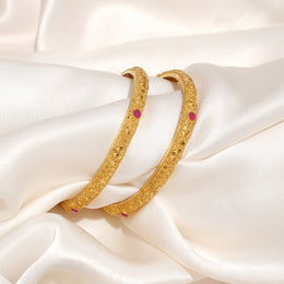Minimal Silver Bangles with Fine Patterned Engravings & Red Stone Highlights