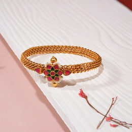 Temple Finish Silver Kada with Floral Highlight