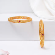 Leaf Design Silver Bangles with Plain Gold Finish