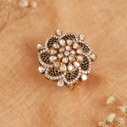 Silver Floral Kundan Ring with Black Crystals