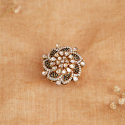 Silver Floral Kundan Ring with Black Crystals
