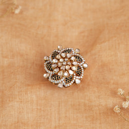 Silver Floral Kundan Ring with Black Crystals