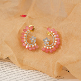 Sleek Silver Earrings with Floral Highlight and Pink Moissanite Stones