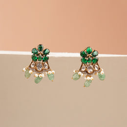 Silver Emerald Earrings with Kundans and Pearls