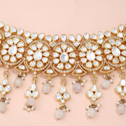 Elegant Polki Floral Necklace with White Bead Drops