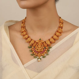 Nature-Inspired Temple Silver Parrot and Lakshmi Necklace