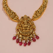 Antique Lakshmi Temple Necklace with Ruby Bead Drops