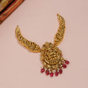 Antique Lakshmi Temple Necklace with Ruby Bead Drops