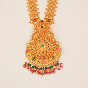 Traditional Silver Necklace with Plain Gold Finish, Emerald, and Ruby Potas