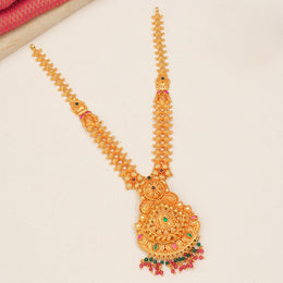 Traditional Silver Necklace with Plain Gold Finish, Emerald, and Ruby Potas