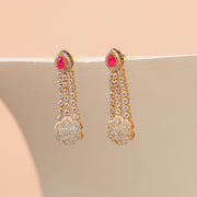 Radiant Silver CZ Hangings with Red Stone and Floral Design