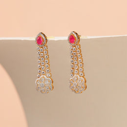Radiant Silver CZ Hangings with Red Stone and Floral Design