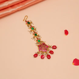 Silver Floral Maang Tikka with Stone Drops and Kundans