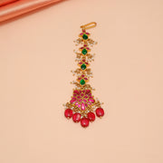 Silver Floral Maang Tikka with Stone Drops and Kundans