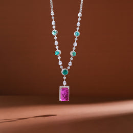 Silver Turquoise CZ Necklace with Pink Stone Pendant