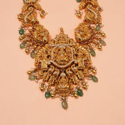 Silver Long Haaram with Intricate Peacock Design and Lakshmi Devi Highlight